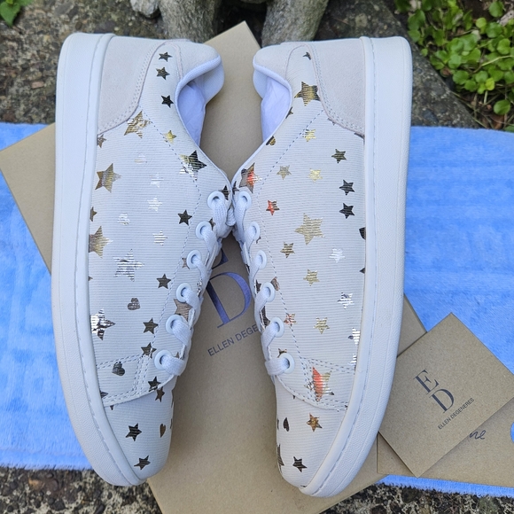 Ellen Degeneres Chapastar Sneakers White Leather Gold Star Print 9M & 9-1/2 NWT - Picture 13 of 16